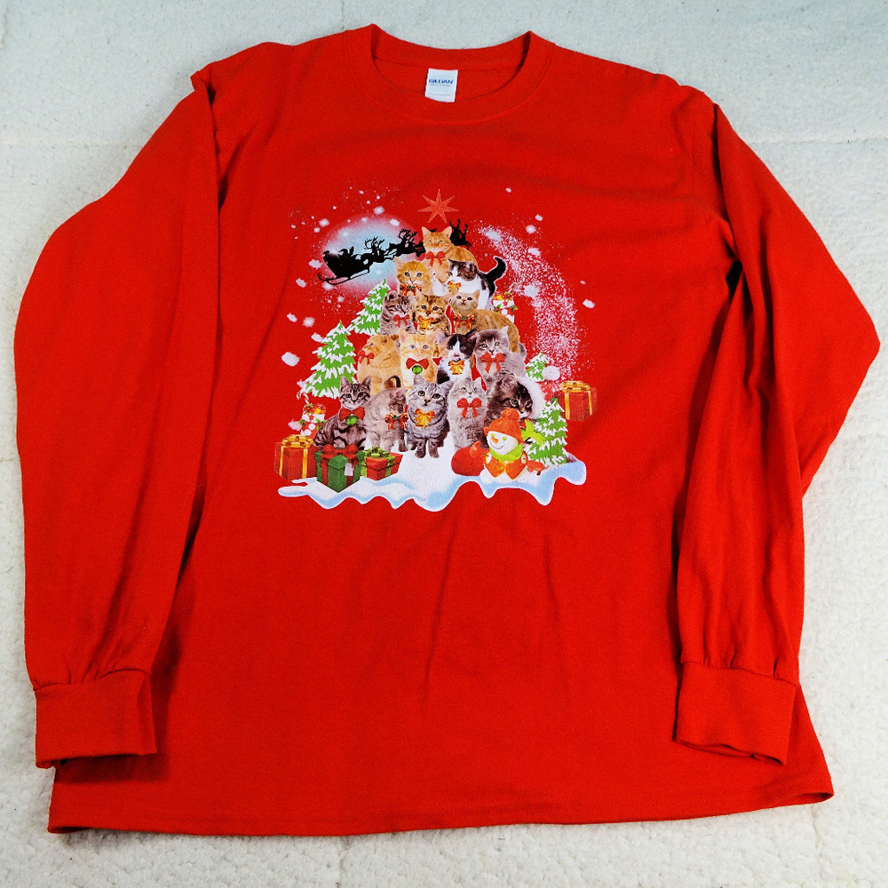 Red L/S Christmas Tree Cats Shirt Medium